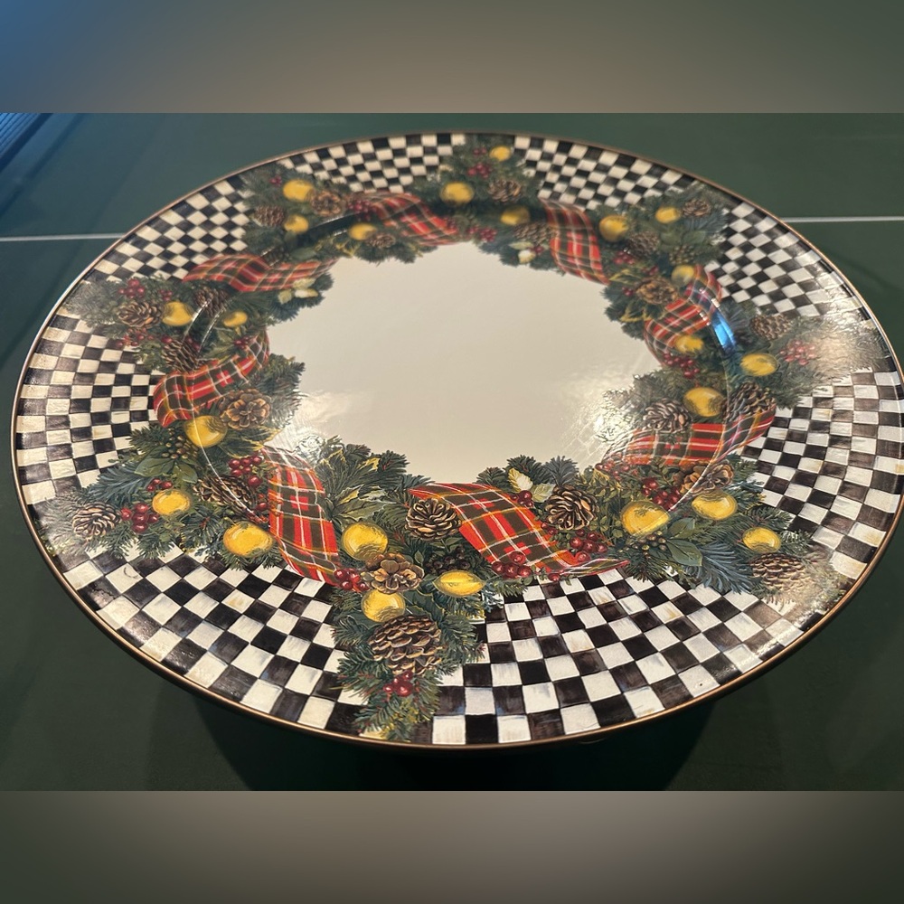 Mackenzie-Childs brand new, large Christmas wreath cake stand.